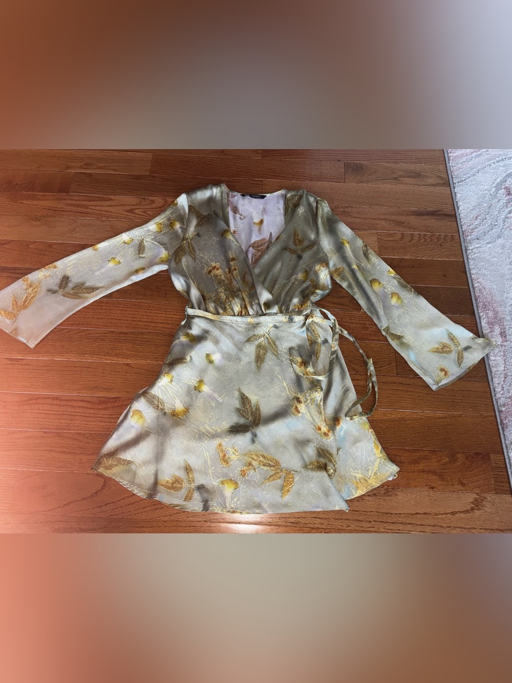 Zara Pale Green Wrap Mini Dress with Gold Floral Accents